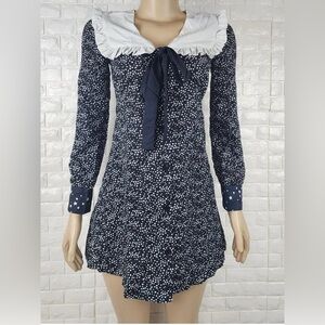 Navy Blue Polka Dot Button Down Sailor Collar Bib Mini Dress